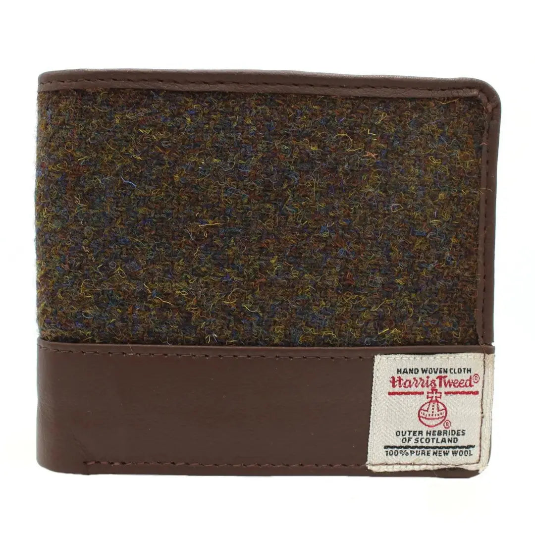 Tweed and leather wallet featuring a Harris Tweed label, perfect for style lovers