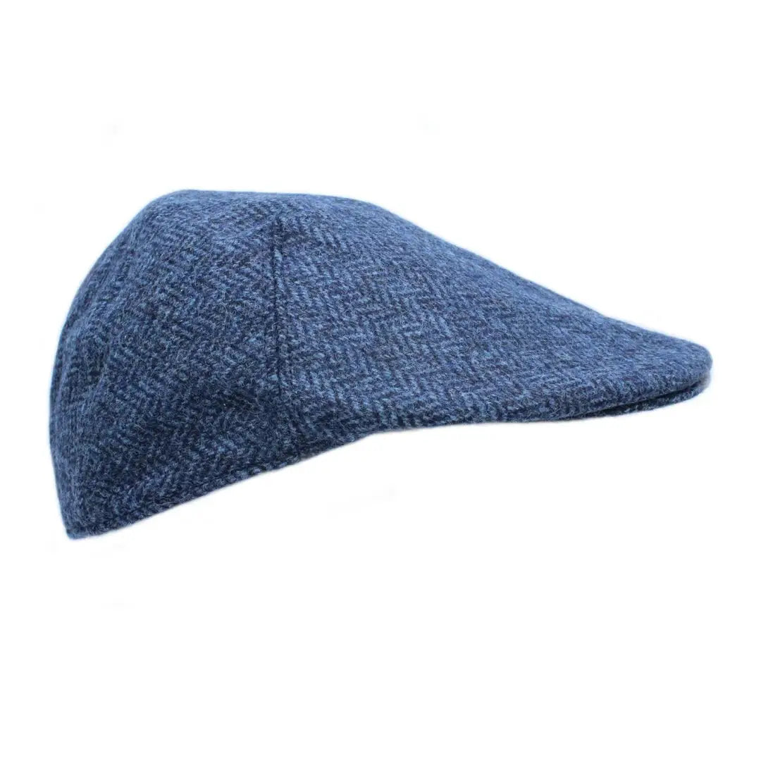 Blue tweed flat cap with herringbone pattern, Heather Exeter British Wool Tweed Duckbill