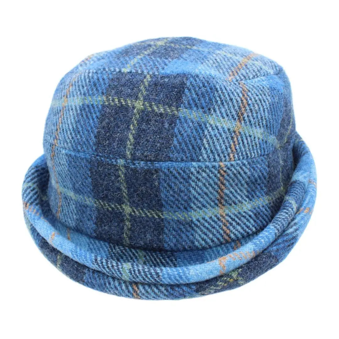 Blue plaid wool hat with rolled brim from Heather Fenella Harris Harris Tweed Trilby