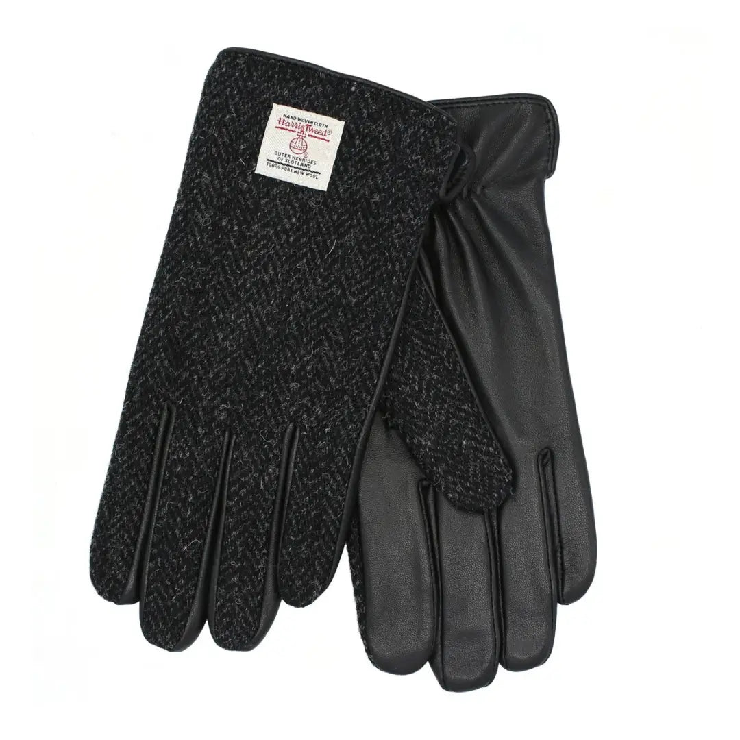 Stylish black leather and tweed gloves with Harris Tweed label from Heather Grant Harris