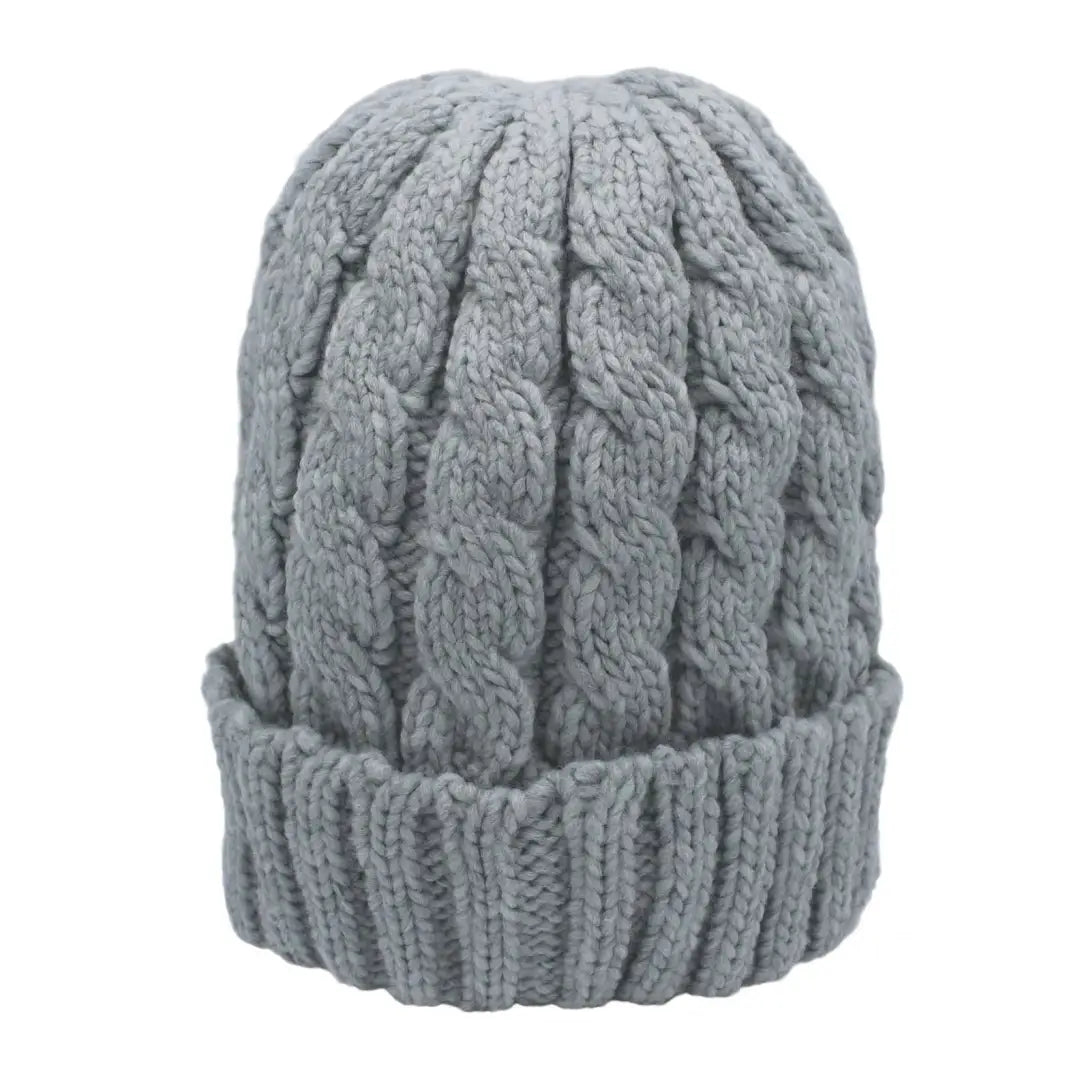 Gray Cable Knit Beanie Hat with Folded Brim, perfect for cozy country clothing style