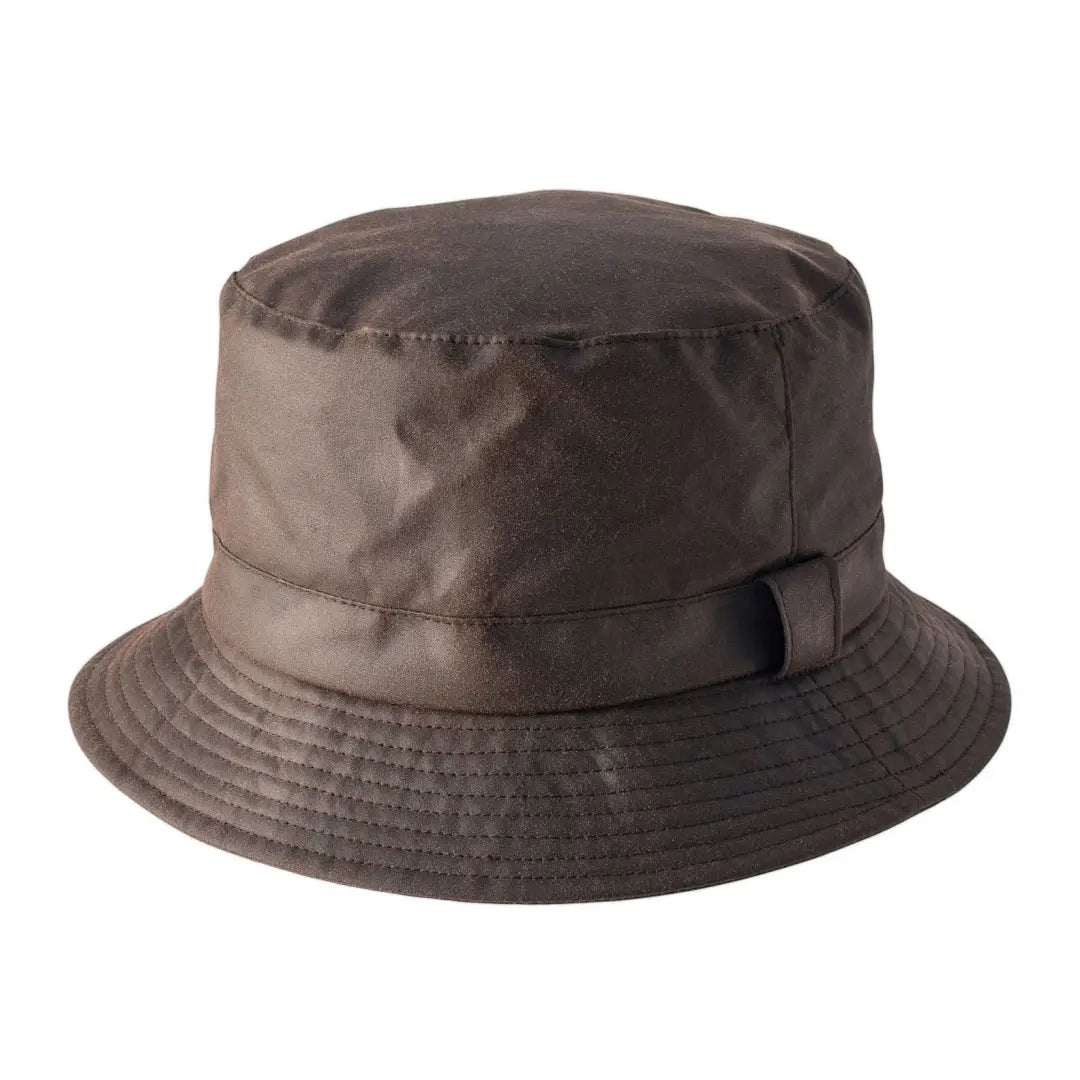 Brown bucket hat with flat top and circular brim, perfect for country clothing and hunting