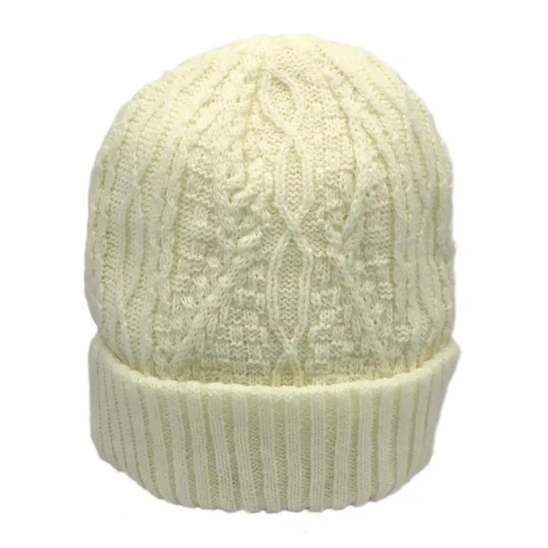 Cream-colored knit Heather Lizzy Aran Style Beanie with cable pattern design