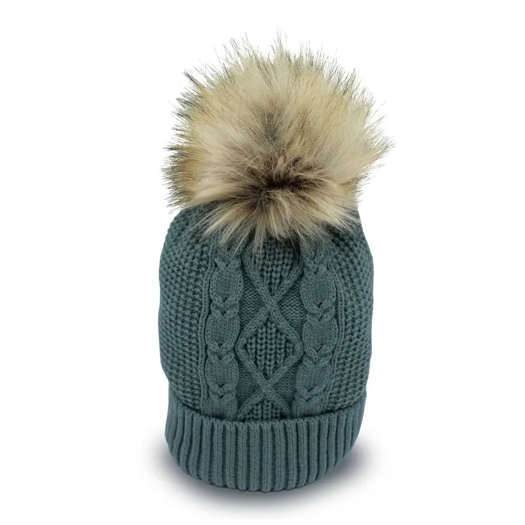 Teal Heather Maddie Beanie with a cozy fur pom-pom atop for stylish winter warmth