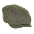 Olive green British wool tweed flat cap with red windowpane check pattern