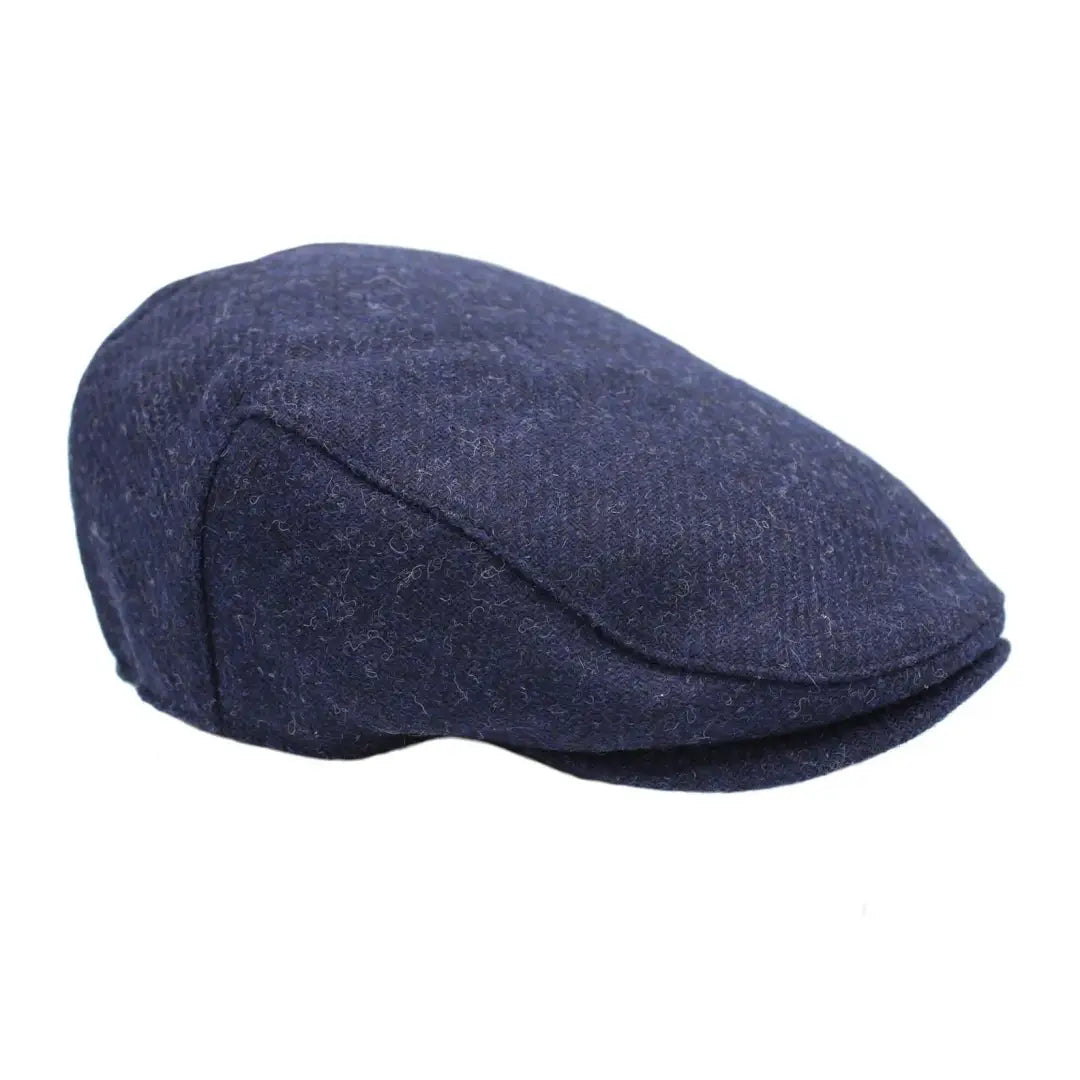 Navy blue Heather Selby Twill Tweed Flat Cap in textured fabric for a stylish look