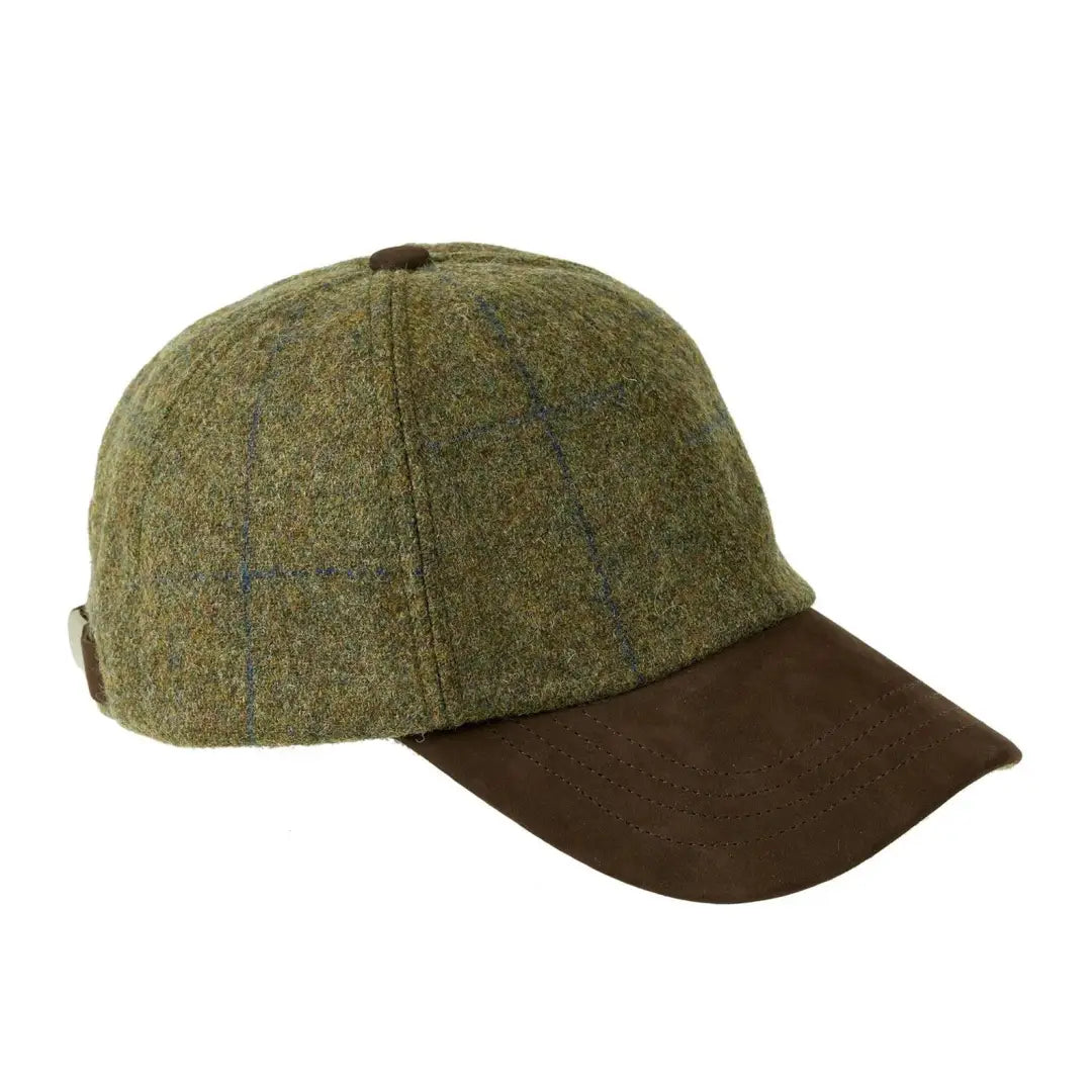 Green tweed baseball cap with brown leather brim from Heather Tyndrum British Tweed