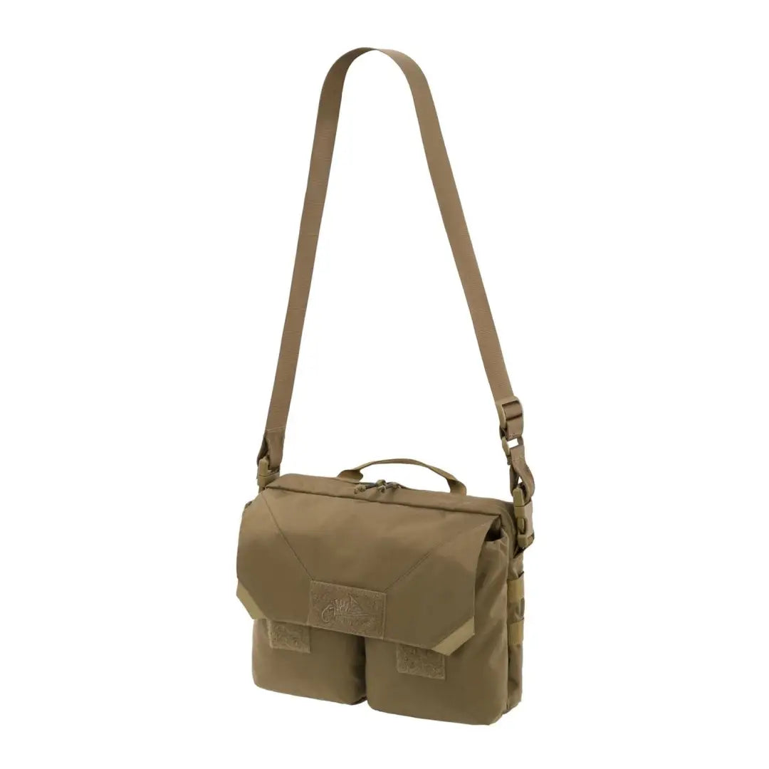 Tan Helikon-Tex Claymore Bag with flat pockets and adjustable shoulder strap