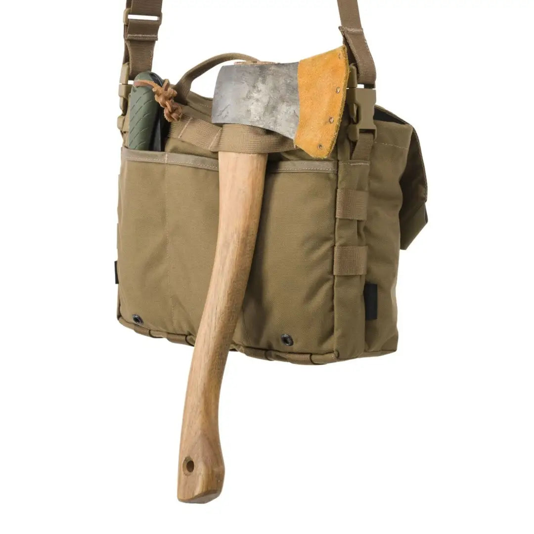 Tan Helikon-Tex Claymore Bag with axe attachment and flat pockets for easy carrying