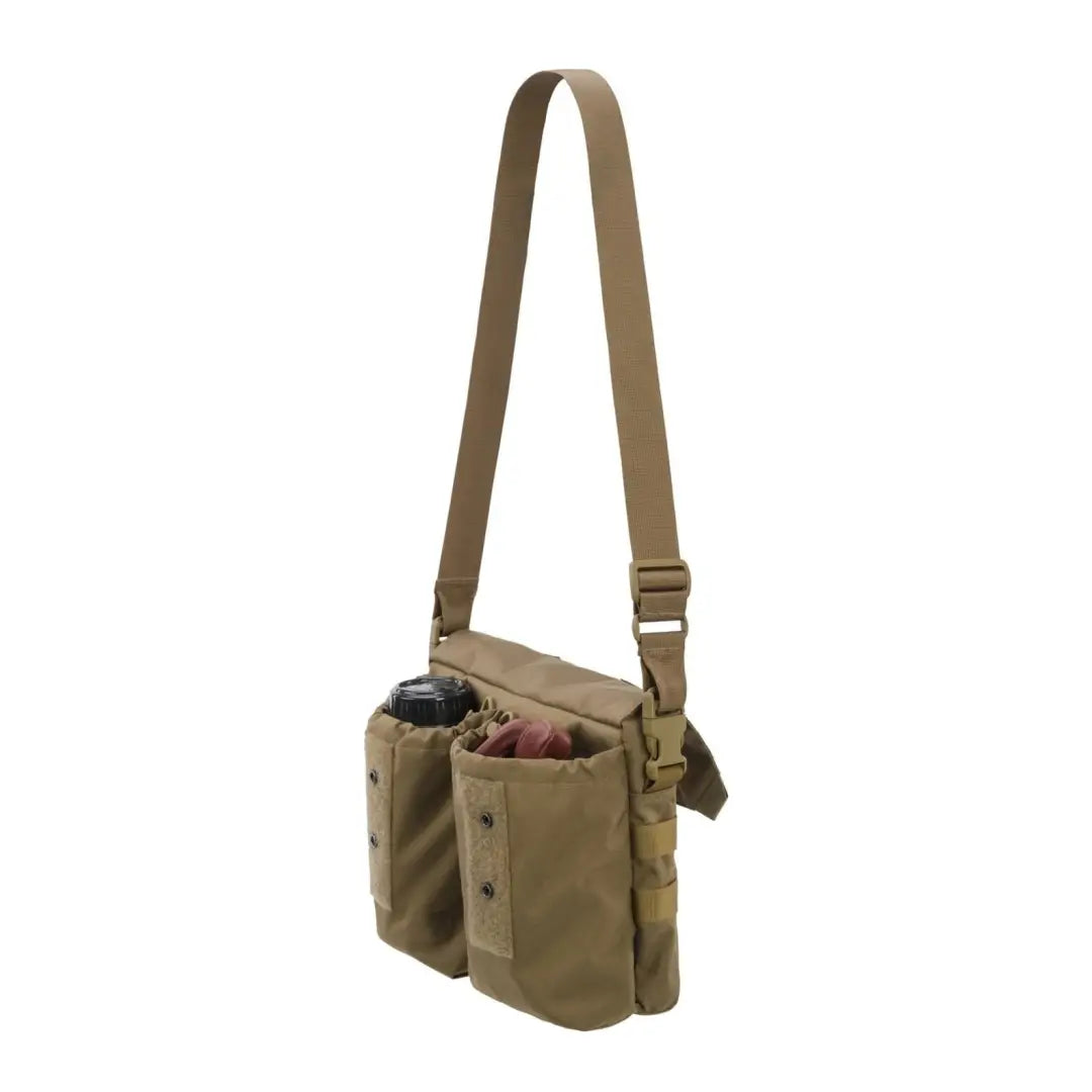 Tan Helikon-Tex Claymore Bag, a stylish shoulder bag with flat pockets and adjustable strap