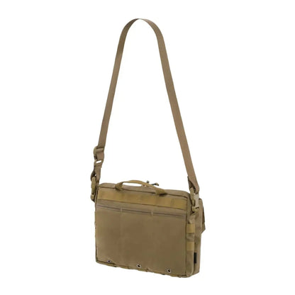 Tan Helikon-Tex Claymore Bag with adjustable shoulder strap and flat pockets for easy access