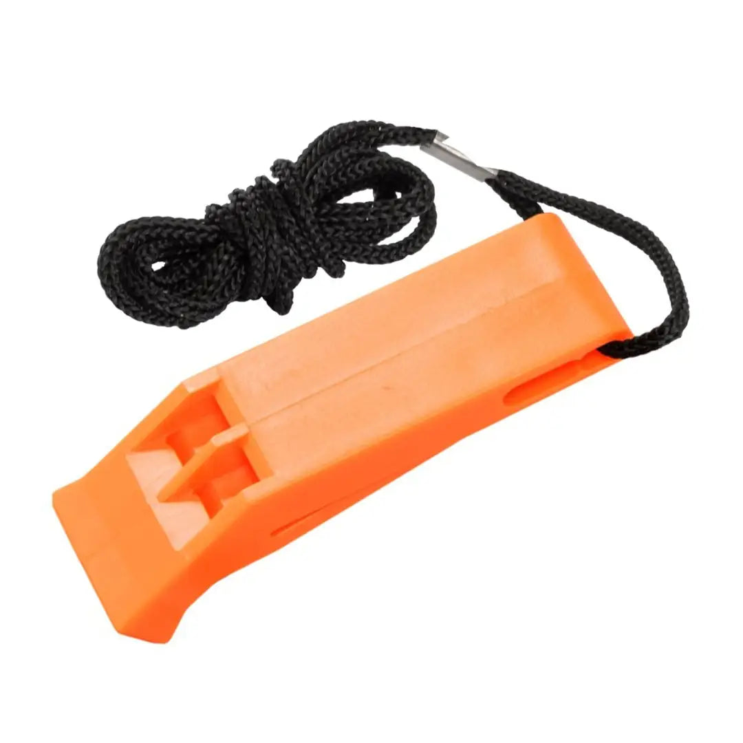 Bright orange Helikon-Tex Emergency Whistle with black cord, perfect for outdoors and hunting