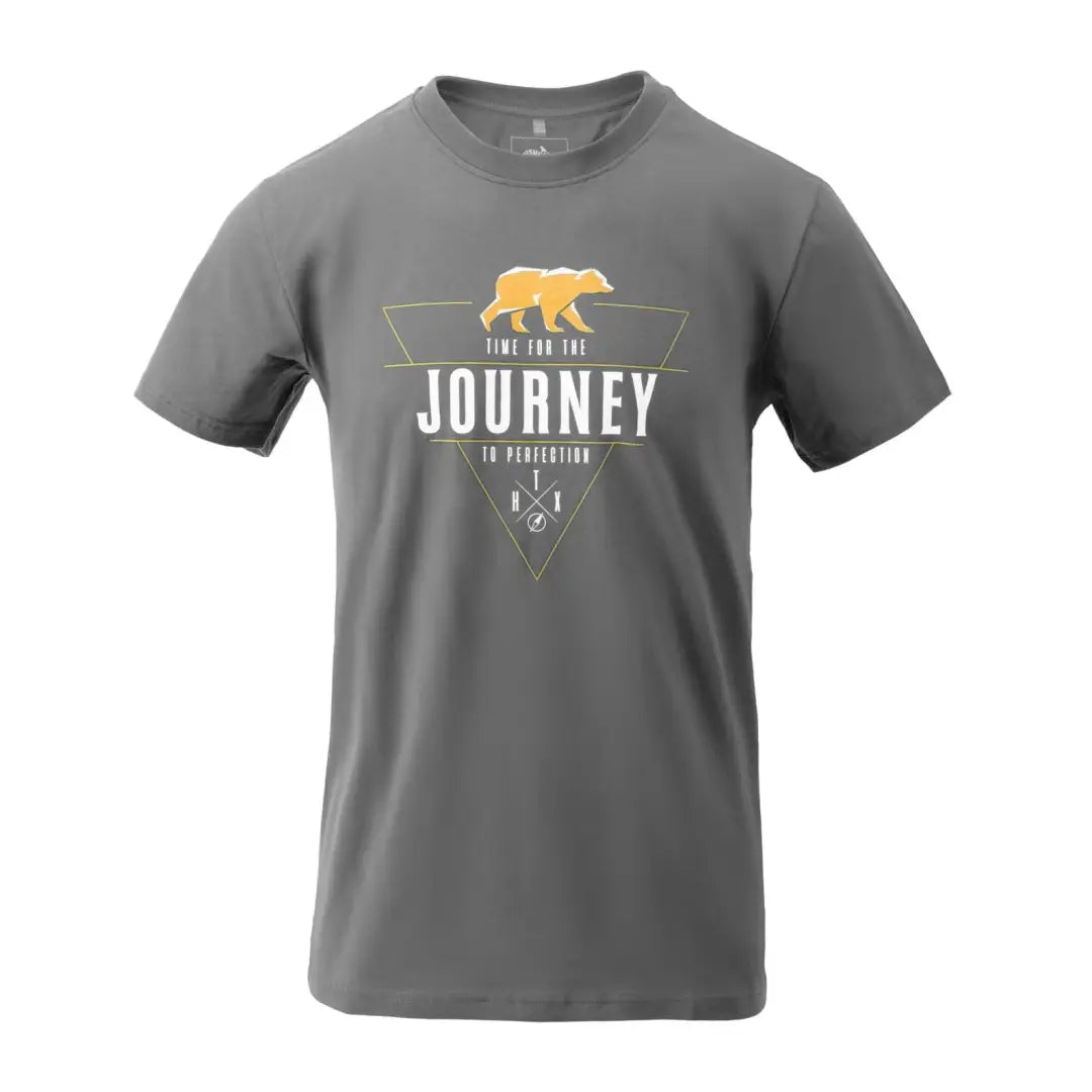 Gray Helikon-Tex Journey to Perfection T-Shirt with yellow bear logo for outdoors lovers