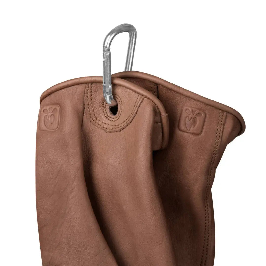 Brown leather Helikon-Tex Lumber Gloves with a metal carabiner attached for easy use