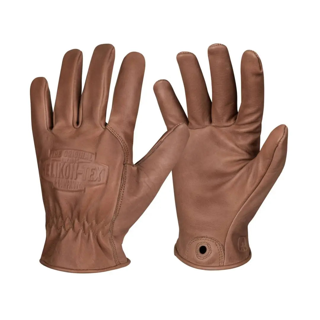 Brown leather Helikon-Tex Lumber Gloves with logo, perfect basic work gloves