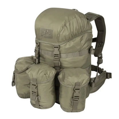 Military-style Helikon-Tex Matilda Backpack in olive green with multiple pouches to protect contents