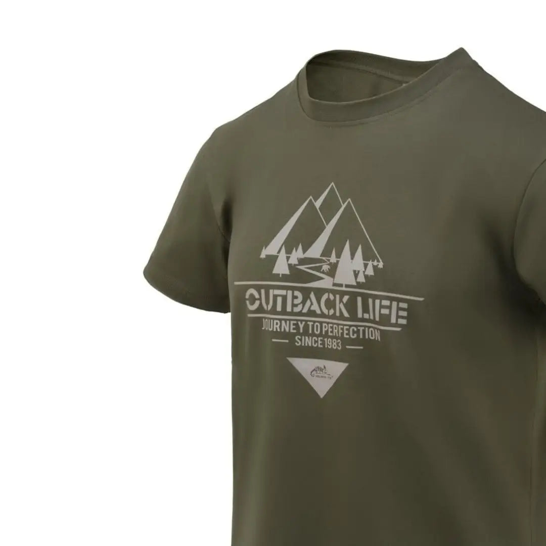 Olive green Helikon-Tex Outback Life T-shirt with mountain logo for outdoors and hunting