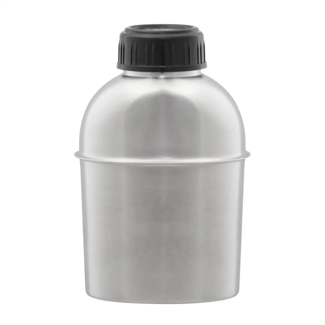 Metallic Helikon-Tex Pathfinder 39Oz canteen with a black screw-on cap