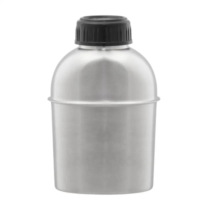 Metallic Helikon-Tex Pathfinder 39Oz canteen with a black screw-on cap