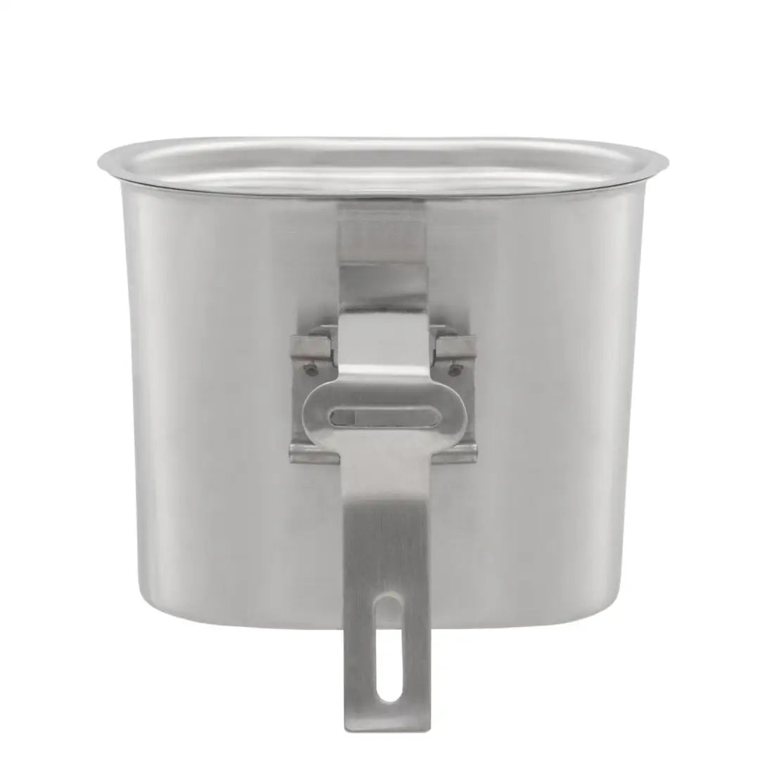 Stainless steel Pathfinder canteen cup with lid and folding handle for outdoor adventures