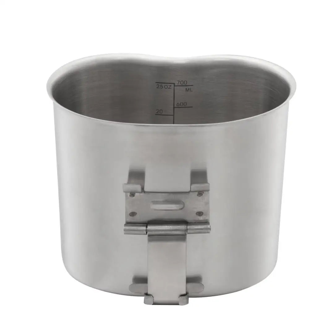 Stainless steel Pathfinder Canteen Cup with lid and measurement markings for easy use