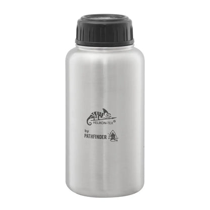 Stainless steel water bottle with black cap, part of Helikon-Tex Pathfinder set