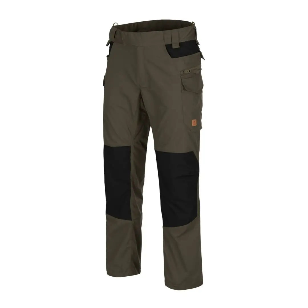 Olive green and black Helikon-Tex Pilgrim Pants with reinforced knees made of Duracanvas® fabric