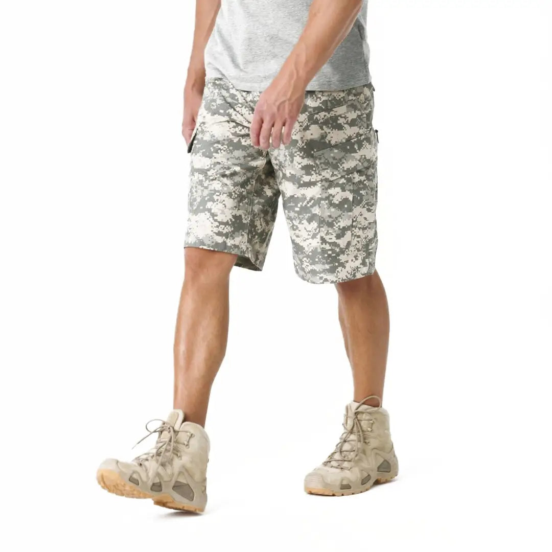 Camouflage cargo shorts with tan hiking boots perfect for country clothing and outdoors