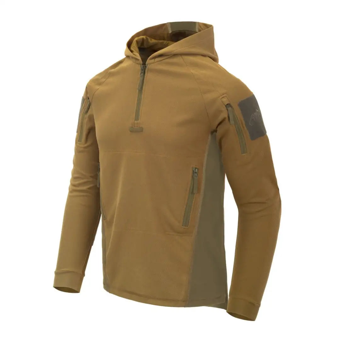 Tan Helikon-Tex Range Hoodie with quarter-zip and arm pocket for tactical gear lovers