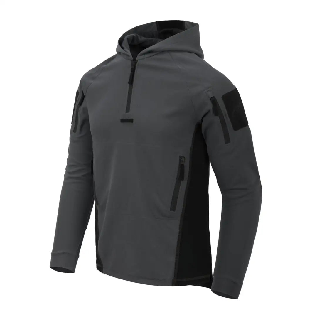 Dark gray Helikon-Tex Range Hoodie for shooting specialists, featuring a quarter-zip and arm pocket