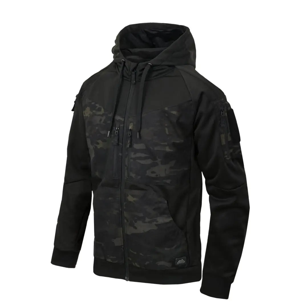 Black hooded tactical jacket with camouflage, perfect for hunting and outdoor adventures