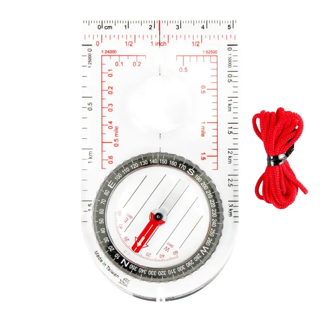 Transparent Scout Compass MK2 with red markings and cord for modern outdoor adventures