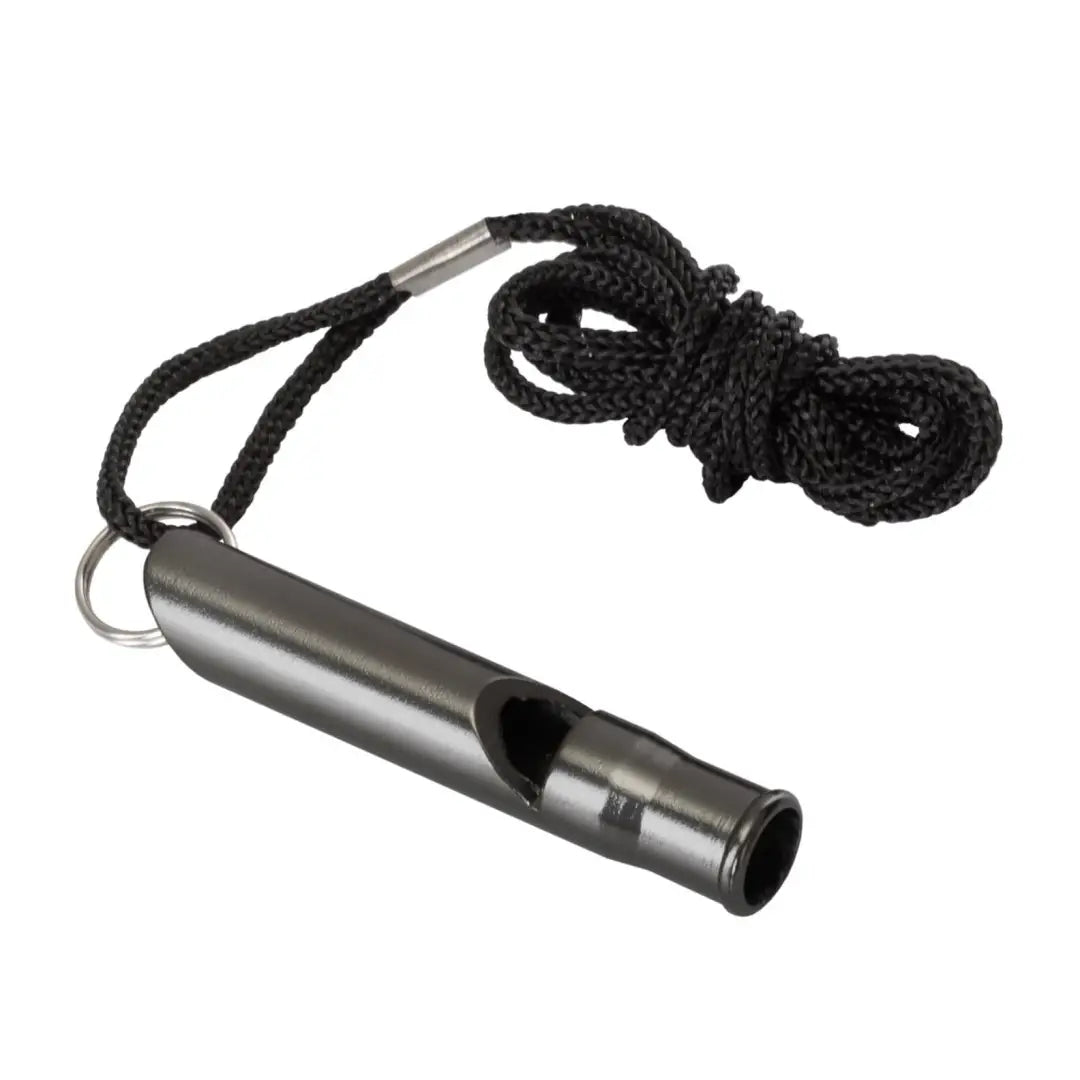 Metal whistle with black cord for adventures in country clothing and outdoors activities