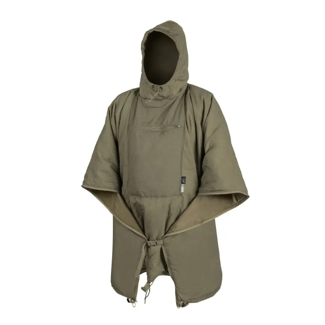 Olive green Helikon-Tex Swagman Roll Poncho with wide sleeves and pocket for cozy warmth