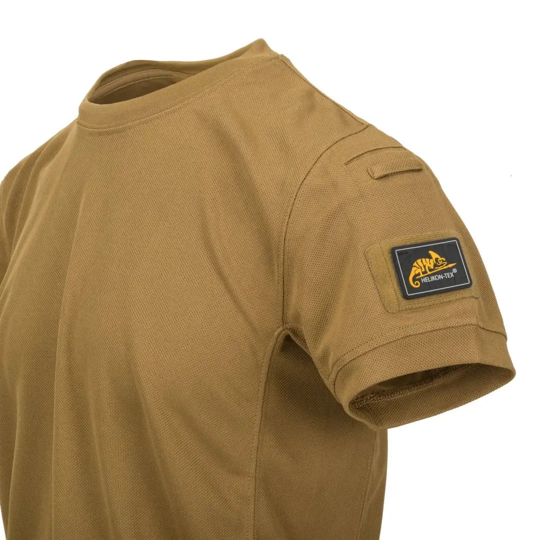 Tan Helikon-Tex Tactical TopCool T-Shirt with logo patch, perfect for outdoors and hunting