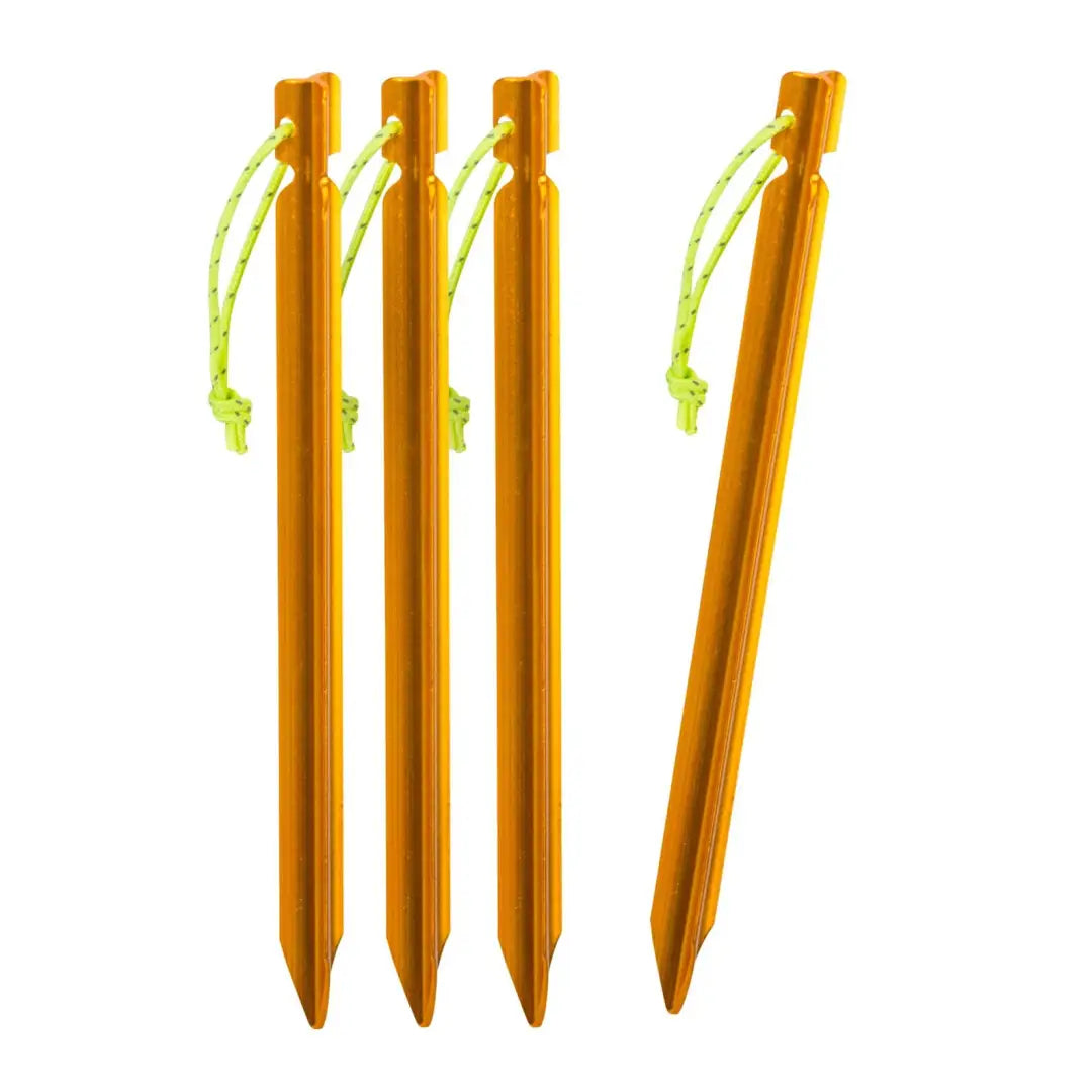 Orange metal tarp stakes with neon yellow cords for country clothing and hunting gear