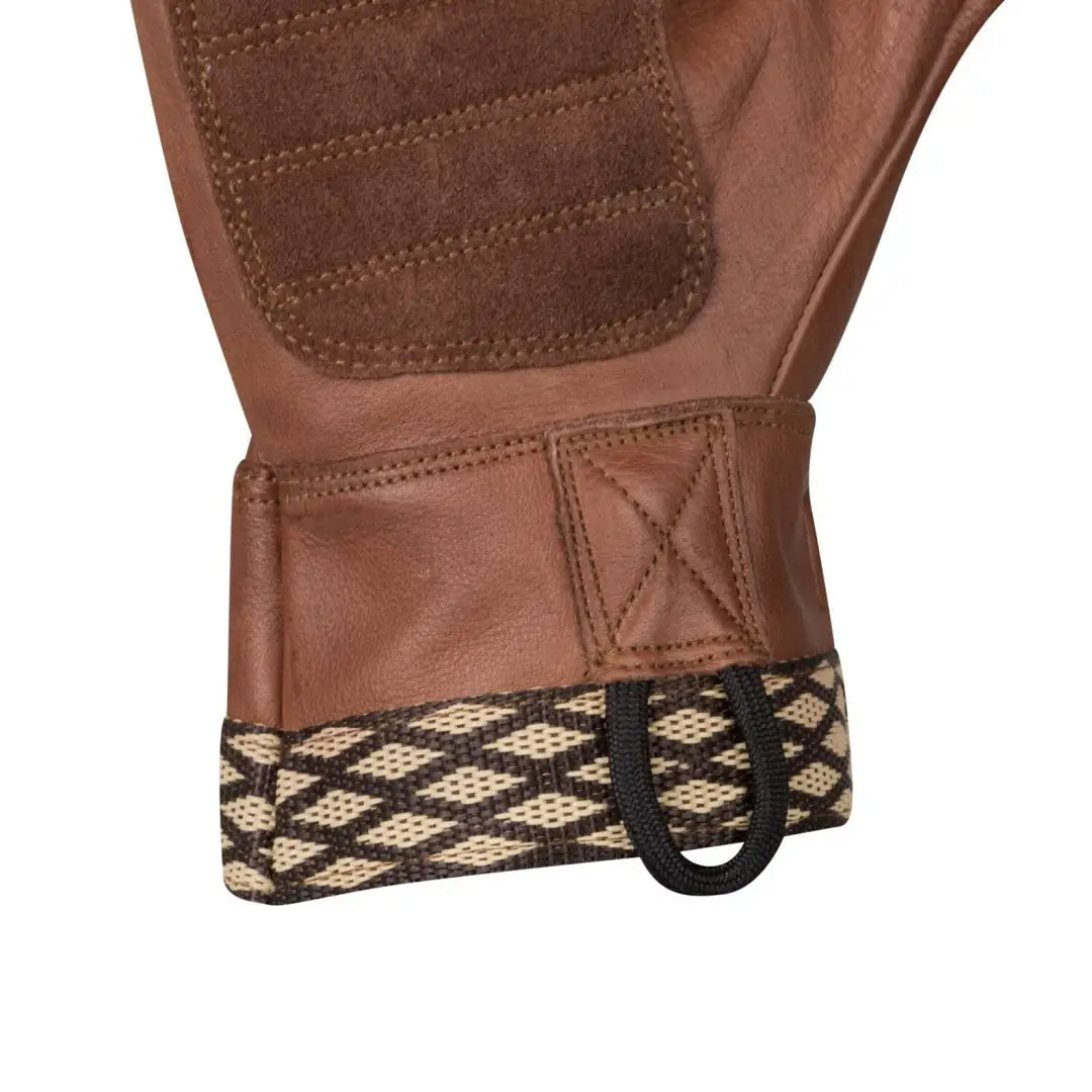 Brown leather Helikon-Tex Woodcrafter Gloves with patterned cuff and loop for easy wear