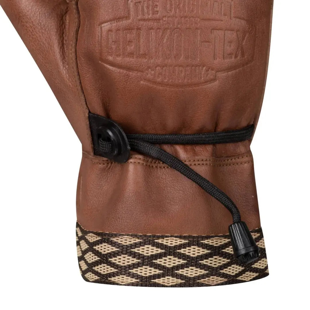 Brown leather Helikon-Tex Woodcrafter Gloves with woven cuff and adjustable strap