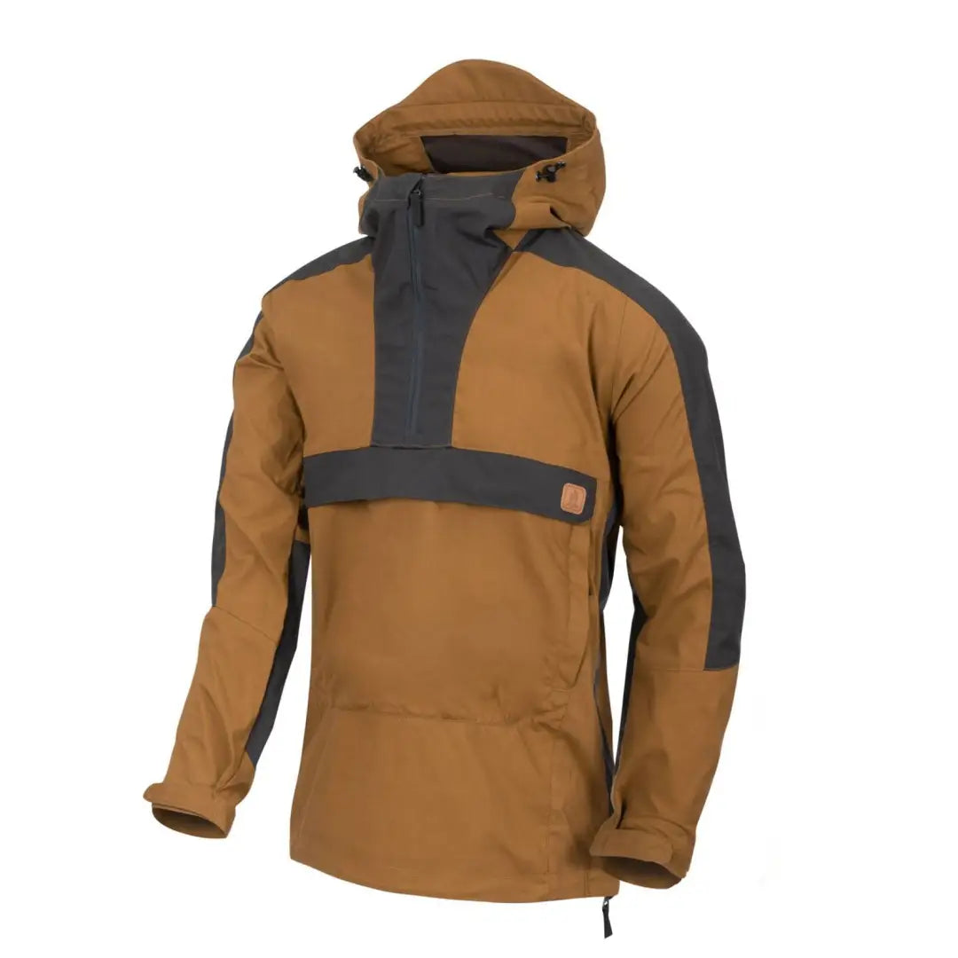 Hooded Helikon-Tex Woodsman Anorak Jacket in brown and gray with front zipper pocket