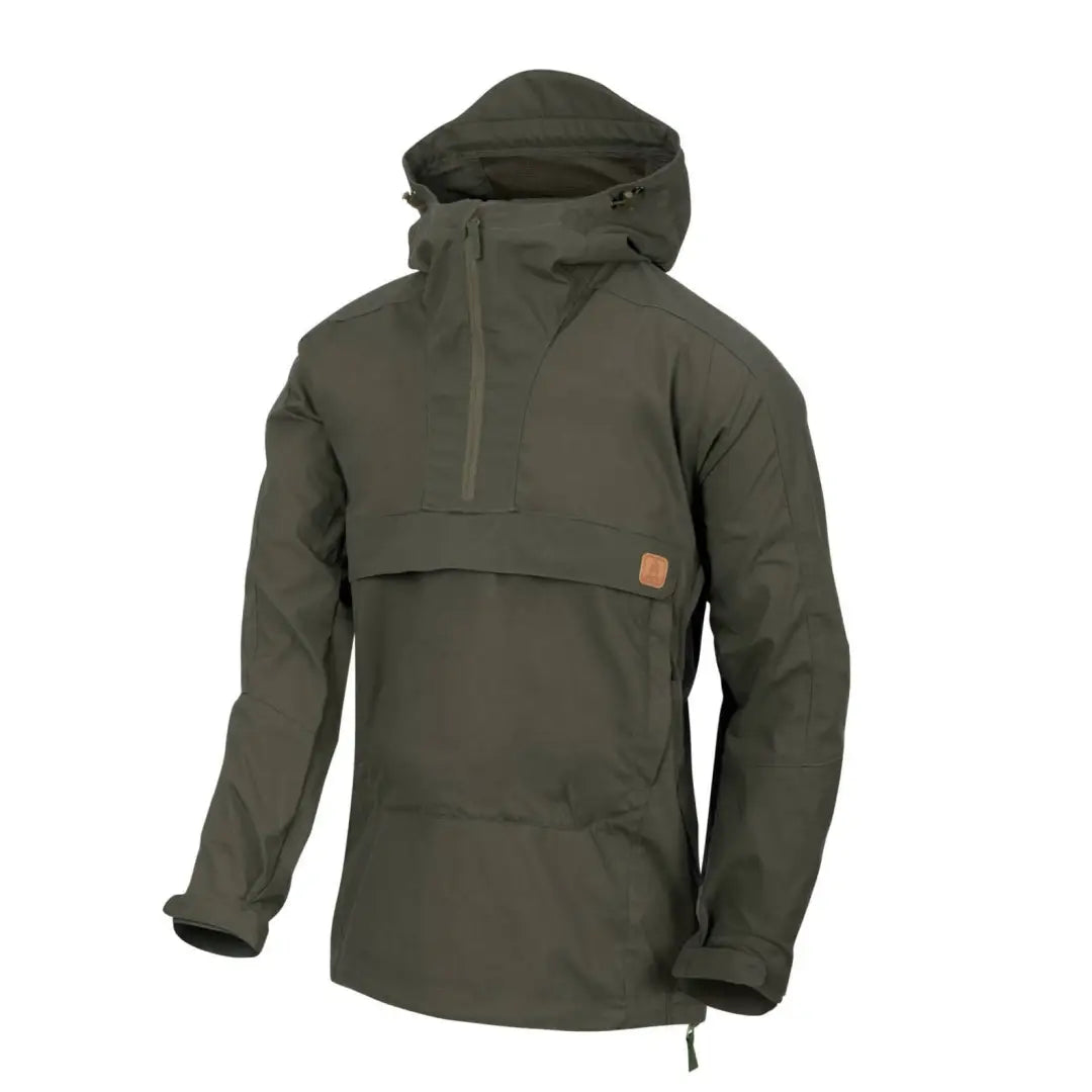 Olive green Helikon-Tex Woodsman Anorak Jacket with front pocket and half-zip closure