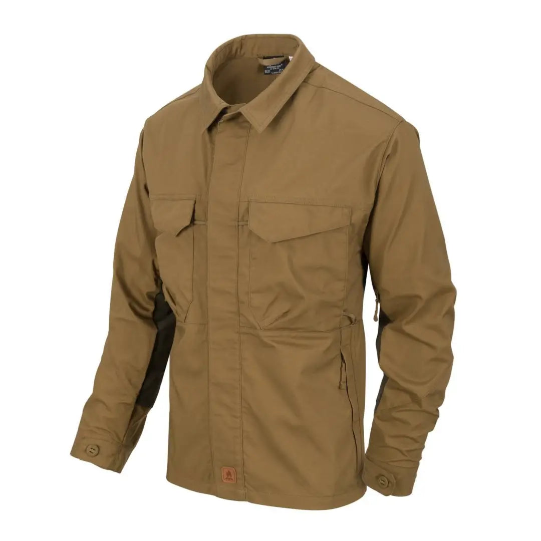 Tan Helikon-Tex Woodsman Shirt perfect for outdoor enthusiasts and bushcraft adventures