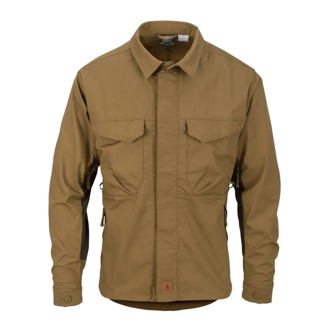 Tan Helikon-Tex Woodsman Shirt with pockets, perfect for outdoor enthusiasts and bushcraft