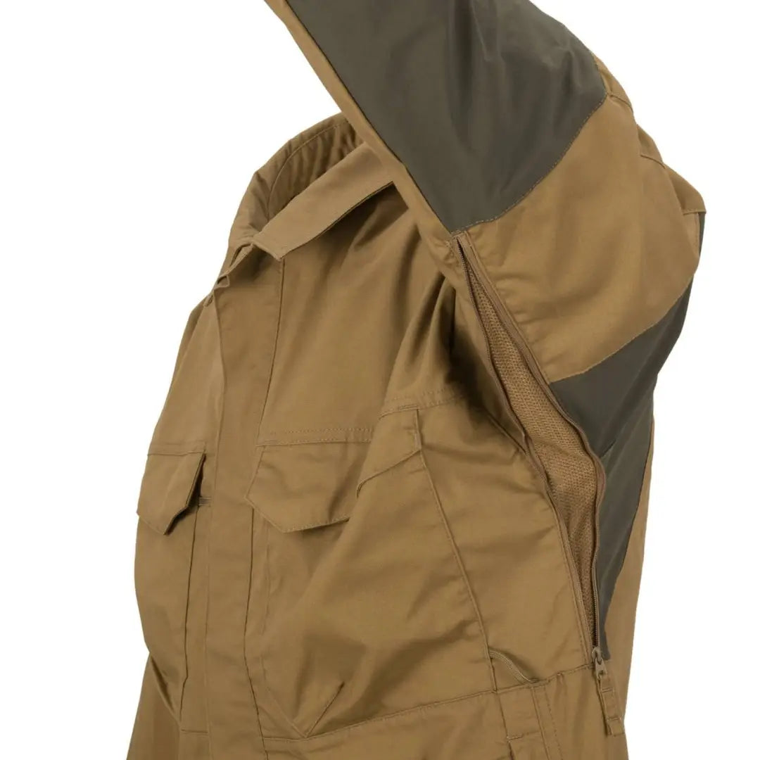 Tan and gray Helikon-Tex Woodsman Shirt for outdoor enthusiasts with multiple pockets