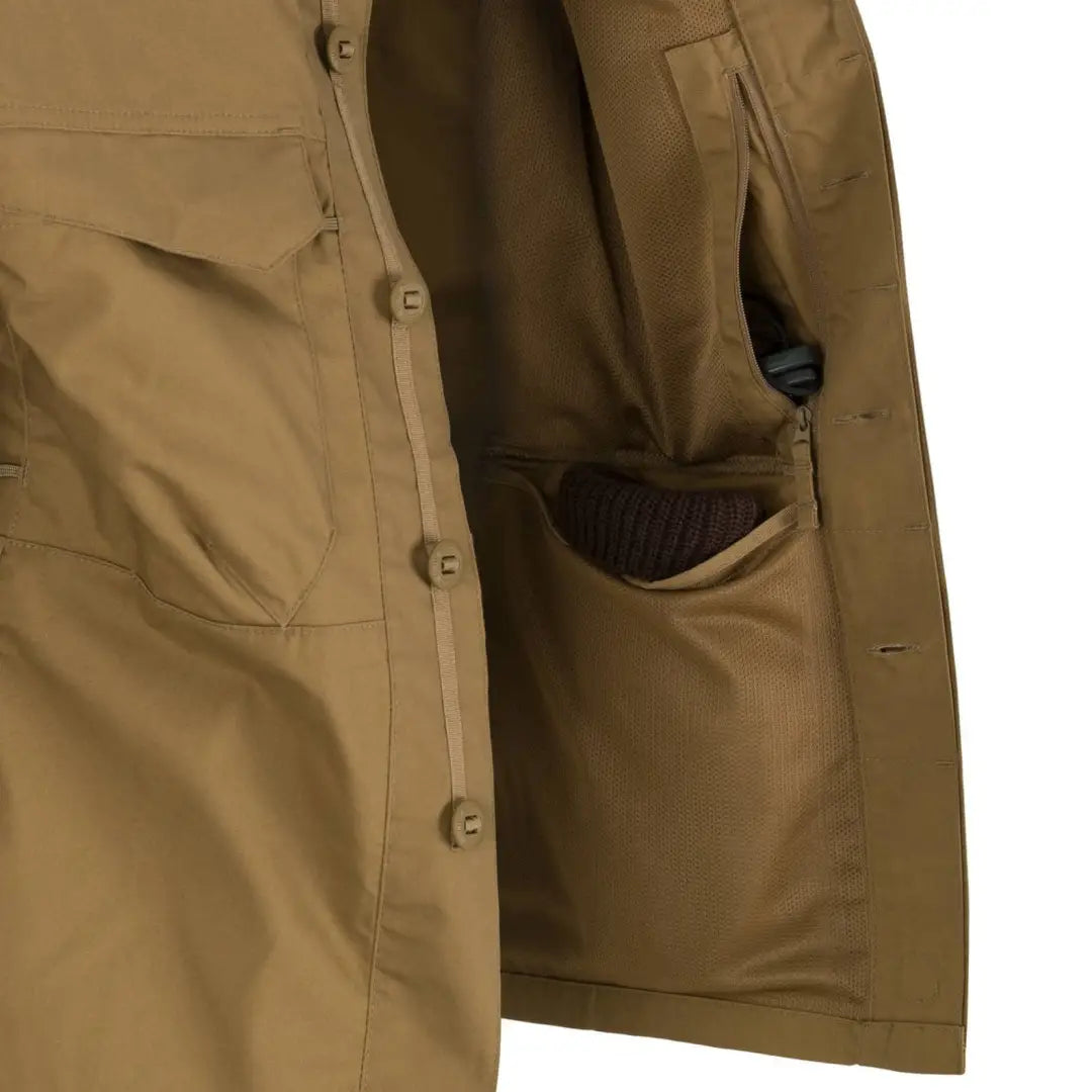 Tan Helikon-Tex Woodsman Shirt with pockets, perfect for outdoor enthusiasts and bushcraft