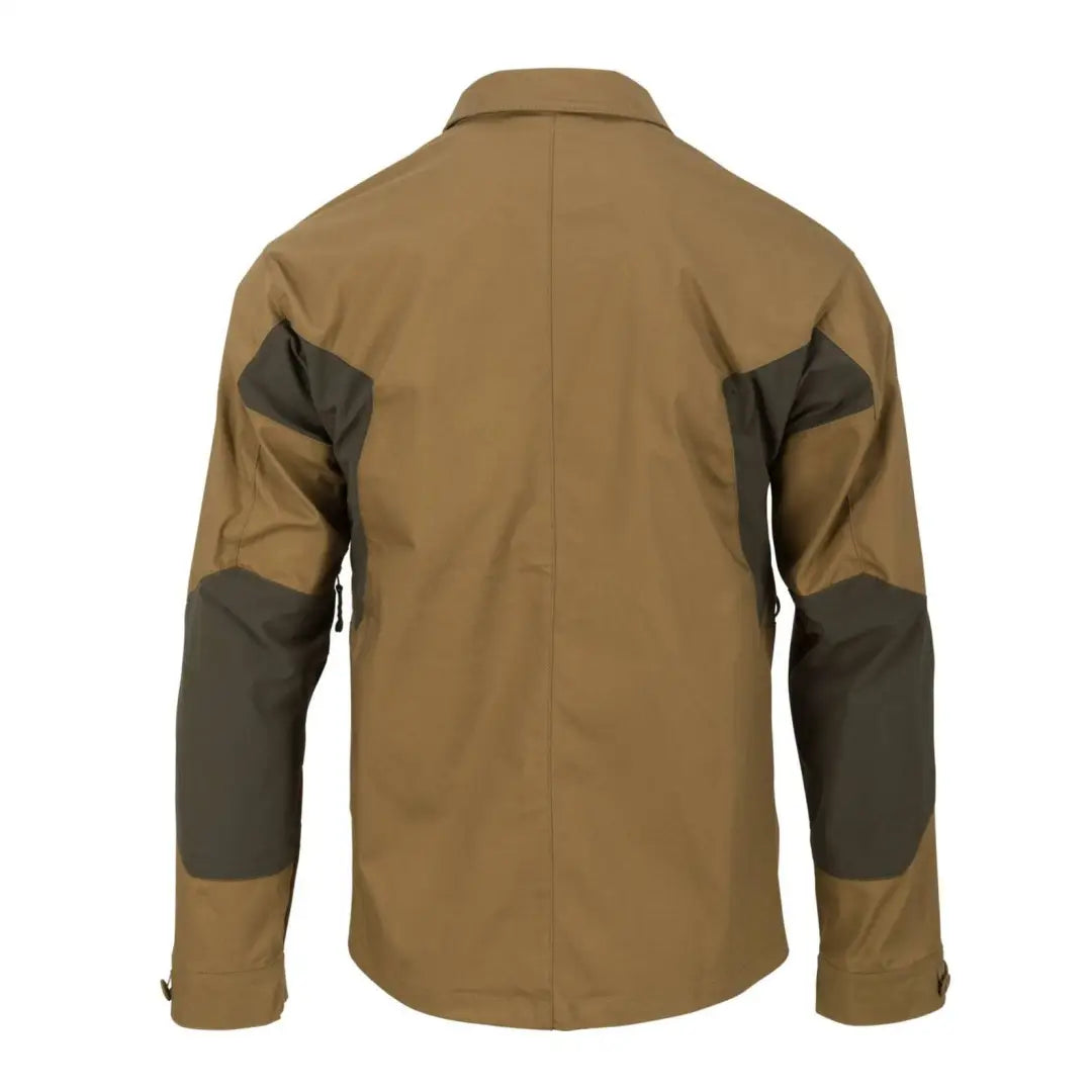 Tan Helikon-Tex Woodsman Shirt with dark gray reinforced patches for outdoor enthusiasts