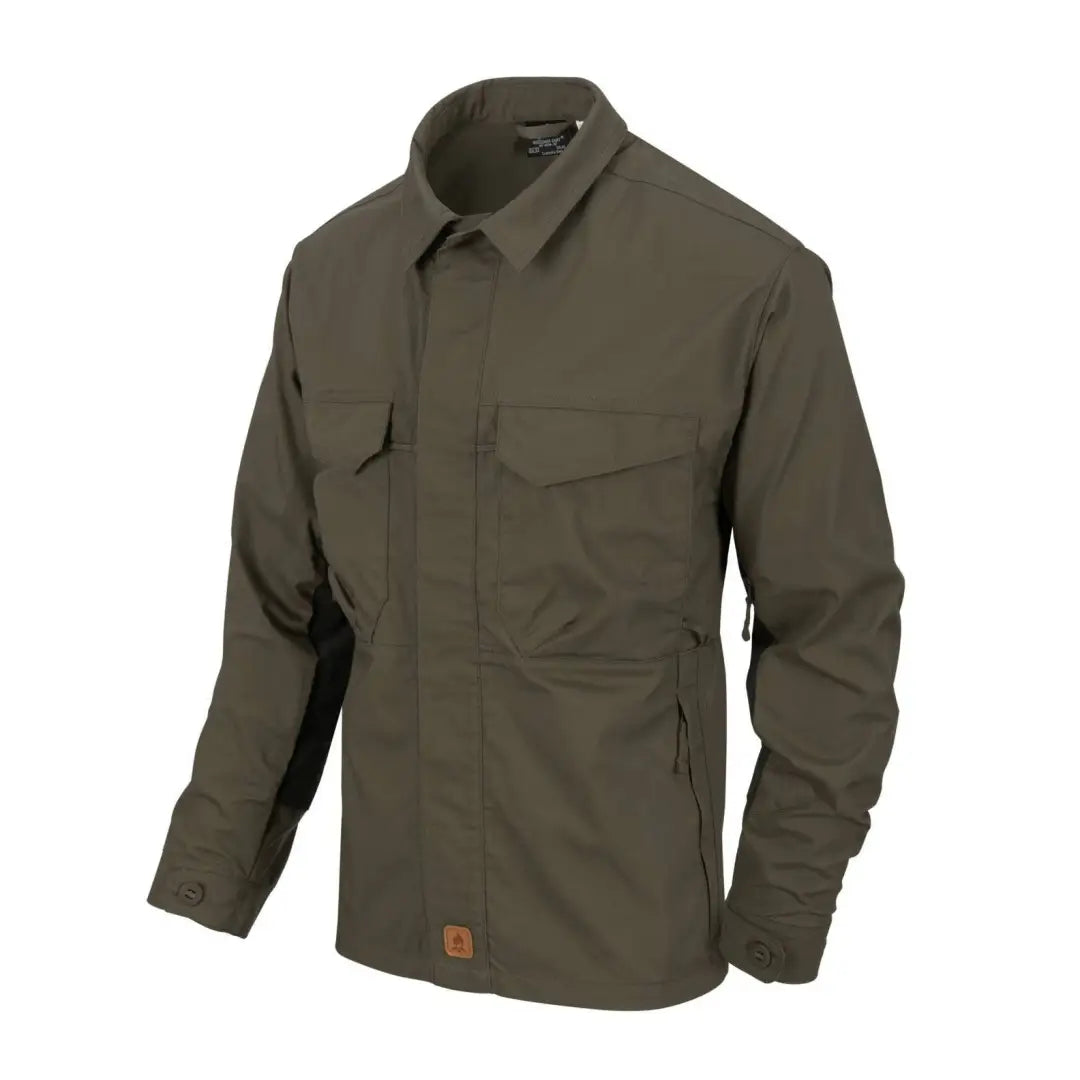 Olive green Helikon-Tex Woodsman Shirt jacket for outdoor enthusiasts with multiple pockets