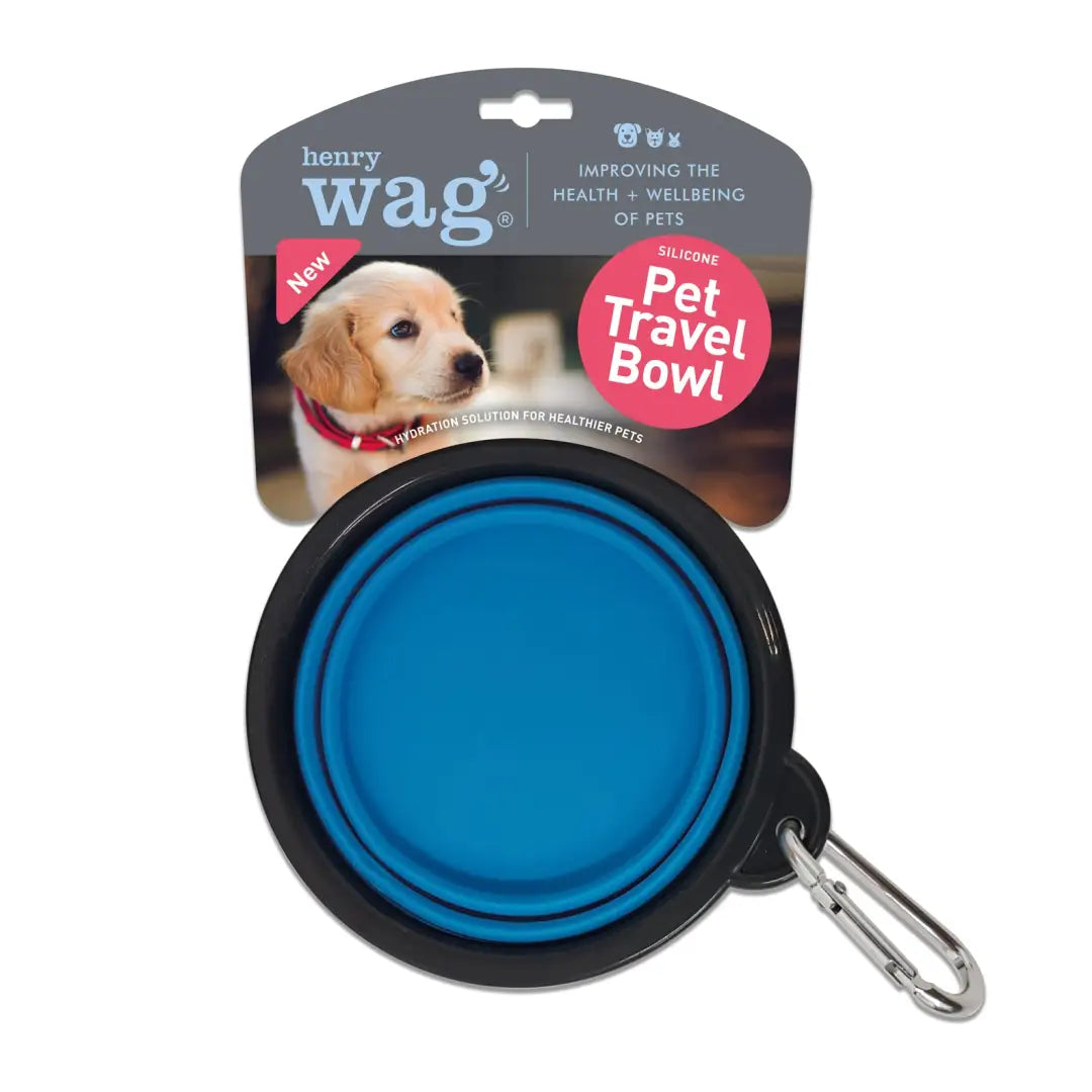 Collapsible blue Henry Wag Dog Travel Bowl with carabiner clip for easy pet adventures