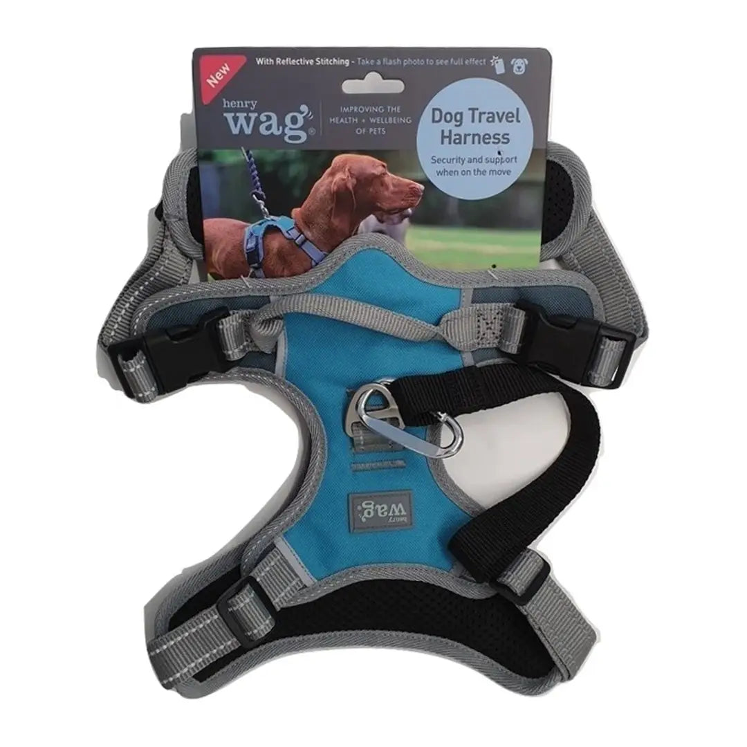 Henry Wag Dog Travel Harness in blue and gray with adjustable straps and reflective trim