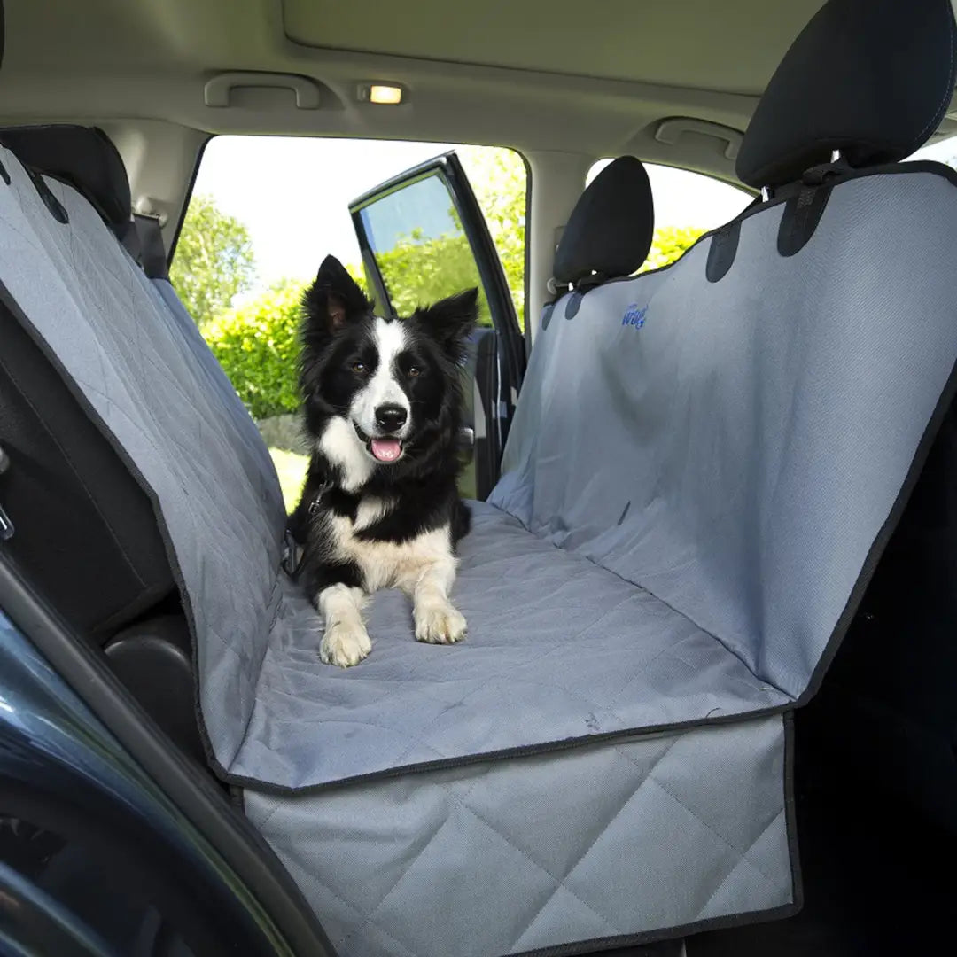 Border Collie relaxing on Henry Wag Pet Car Bench Hammock for comfy pet travel