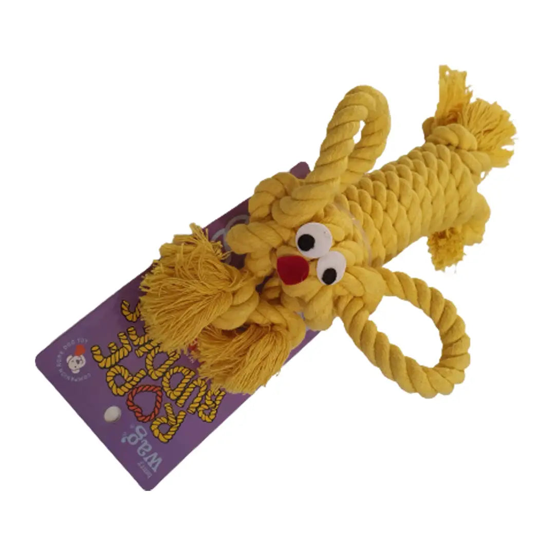 Cheerful yellow lion Rope Buddies companion dog toy with googly eyes and red nose